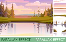Rural Landscape With Parallax Effect. Water Pond Or River Bank With Reflection Of Trees. Flat Style. Evening Silence. Horizontal Village Nature Illustration. Cute Country Hills. Vector