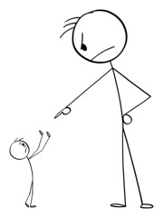 Poster - Big Powerful Person Blame or Accuse Small and Weak Man , Vector Cartoon Stick Figure Illustration