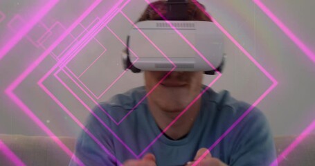 Poster - Animation of tunnel with neon shapes over caucasian man using vr headset