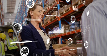 Poster - Animation of data processing over diverse business people shaking hands
