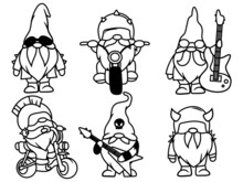 Set Of Biker Gnomes. Collection Of Rockstar Garden Gnome With Bike, Guitar, Helmet. Dangers Hobby. Vector Illustration On A White Background.  Drawing For Children.