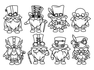 Set of steampunk gnomes. Collection of little garden gnomes. Vector illustration for party cards.
