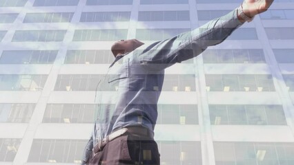 Poster - Animation of african american man with arms outstretched over cityscape