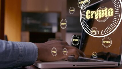 Poster - Animation of crypto in circles over hands of caucasian man using laptop with copy space