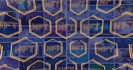 Poster - Animation of nft in hexagons over diverse photos in background