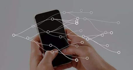 Poster - Animation of connections over hands of caucasian man using smartphone with copy space