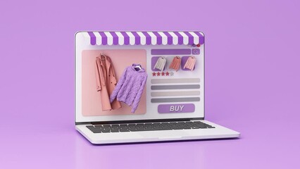 online store concept on laptop screen with striped awning and coat and sweater dress pastel color on