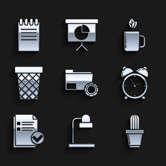 Sticker - Set Folder settings with gears, Table lamp, Cactus and succulent pot, Alarm clock, Document check mark, Trash can, Cup of tea leaf and Notebook icon. Vector