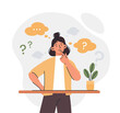 Woman thinking concept. Young girl trying to solve problem at work. Mental impasse, unanswered questions. Brainstorming and searching for idea, pensive person. Cartoon flat vector illustration