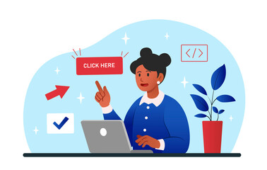 Poster - click here concept. young girl with laptop points to place for weblink. advertising poster or banner