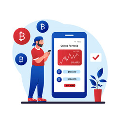 Poster - crypto currency concept. man with phone conducts transactions on financial exchange. investing and f
