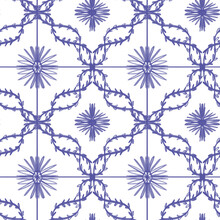 Seamless Pattern Ceramic Tile Stylization With Violet Traditional Ornament. Traditional Turkey Ornament Tile In Veri-pery Color. Mosaic Square Pattern.