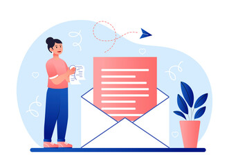 Poster - writing letters concept. young girl communicates with her beloved, business mailing and informing cl