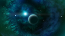 Space Art N°3 Gas Giant Exoplanet In A Green Blue Nebula Receving Light From His Blue Dwarf Sun (Illustration 3D)
