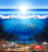 Underwater Background With Starfishl. Vector Illustration