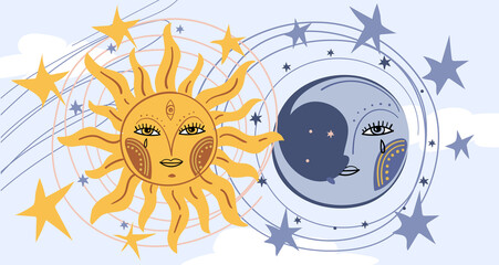 Wall Mural - Daytime blue sky background, sun face symbol and moon face. Magic banner for astrology with stars. Celestial card for zodiac, tarot, mystical universe, astrology. Esoteric wallpaper vector