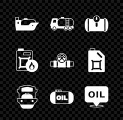 Poster - Set Oil tanker ship, Tanker truck, Gas for vehicle, storage, Word oil, Canister motor and Metallic pipes and valve icon. Vector