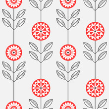 Red Geometric Flowers And Contour Leaves Vector Seamless Pattern On Beige Background. Floral Graphic Ornament Wallpaper. Abstract Symmetrical Backdrop. Template For Print, Design, Banner Or Card.