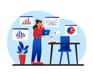 Poster - Statistic metrics concept. Girl with laptop on background of graphs and dagrams. Analytical department marketing research. Employee evaluates performance of company. Cartoon flat vector illustration