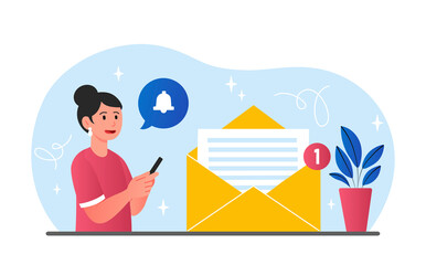 Poster - new message concept. girl next to envelope with letter, responsible employee. modern methods of info