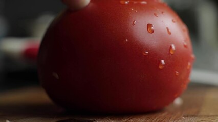 Wall Mural - Tomato is lying on the board, water is pouring on it. Wash tomatoes