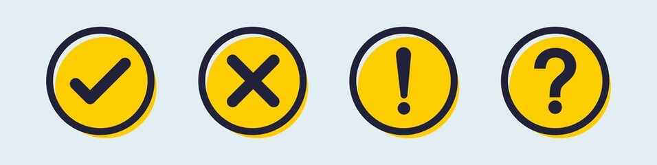 Poster - Set of check mark, cross mark, exclamation mark, question mark in yellow color. Checkmark checklist vector illustration.