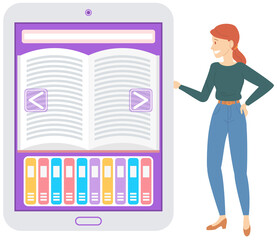 Poster - Lady choosing book with digital service for smartphone. Studying with archive of books concept. Electronic library, online book store, ebook in phone app. Woman selects literature in online library