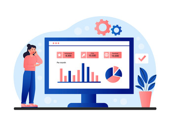 Poster - Website stats concept. Financial literacy, work with statistics. Analytical department conducts marketing research, evaluates effectiveness of company or project. Cartoon flat vector illustration
