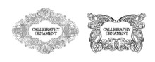 Calligraphic Frame. Royal Ornament Set. Vintage Element. Decorative Swirl. Medieval Retro Vector Illustration. Hand Drawn Design. Filigree Divider. Calligraphy Black Lines. Victorian Style.