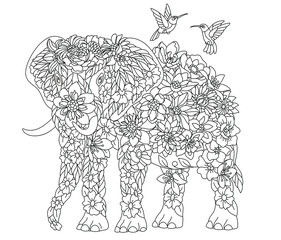 Poster - Floral adult coloring book page. Fairy tale elephant. Ethereal animal consisting of flowers, leaves and birds.