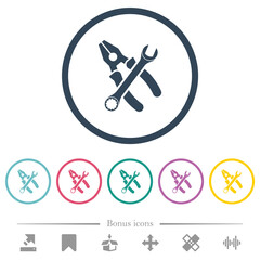 Sticker - Combined pliers and wrench in crossed position flat color icons in round outlines