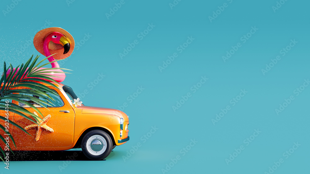 Orange retro car with pink flamingo on the roof ready for summer travel ...