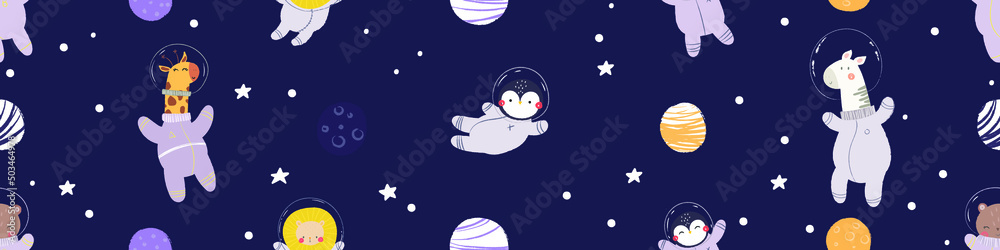 seamless pattern wild animal in space, cute vector illustration ...