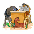illustration of three horses, one of which is harnessed to a cart, the second looks under the cart at a foal, cartoon illustration, isolated object on a white background, vector,