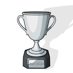 Wall Mural - Silver trophy cup or champions cup with 2nd place text on silver plate. Vector illustration in comic cartoon style on a white background