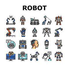 Sticker - Robot Development And Industry Icons Set Vector. Pre-programmed Robot And Smart Cyborg, Industrial Robotic Arm And Humanoid. Futuristic Digital Computer Technology Color Illustrations