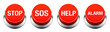 Red buzzer button vector set. Stop, SOS, Help, and Alarm realistic buttons isolated on white background.