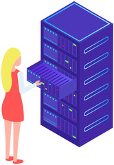 Poster - Database center info storage, datacenter with modern innovation and systems station. System administrator near server, equipment, industrial device. Woman working with computer to run service software