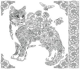 Wall Mural - Adult coloring book page. Floral cat. Ethereal animal consisting of flowers, leaves and ladybugs