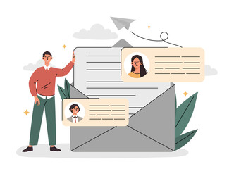 Poster - email and messaging concept. young man stands next to large envelope and sends letters to his friend