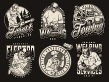 Monochrome Vintage Patches Set With Workers