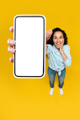 Poster - Excited woman showing blank mobile phone screen at studio