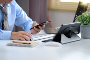 Poster - Man typing on computer keyboard close up, businessman or student using laptop at home, online learning, internet marketing, working from home, office workplace, freelance concept