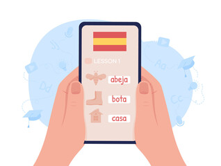 Sticker - Studying Spanish language online 2D vector isolated illustration. Flat first view hand on cartoon background. Education app colourful scene for mobile, website. Patrick Hand, Comfortaa fonts used