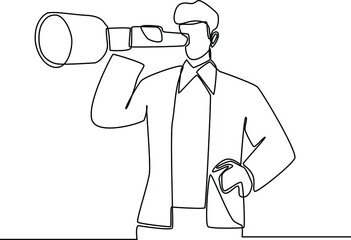 Poster - continuous one line drawing customer searching goods and services with telescope. digital marketing.