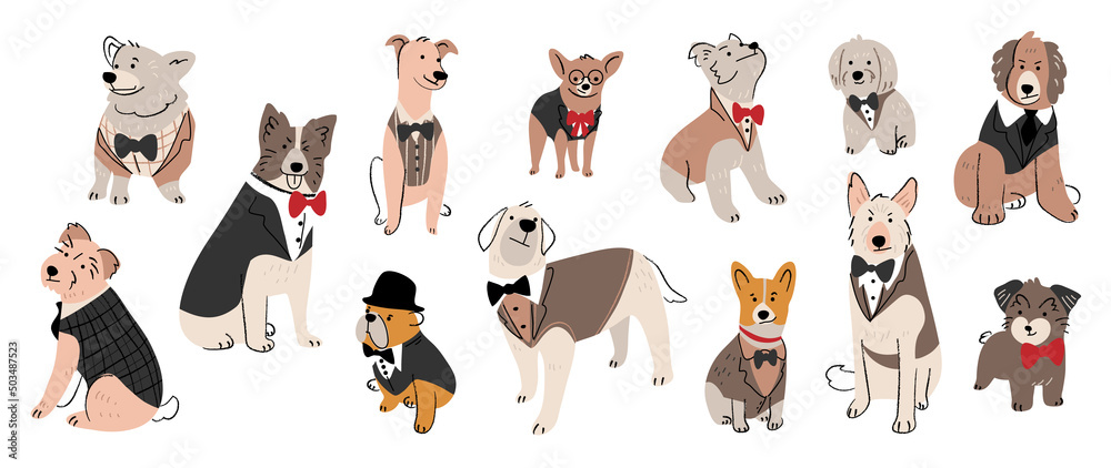 Set of cute dogs vector. Lovely dog and puppy doodle pattern in ...
