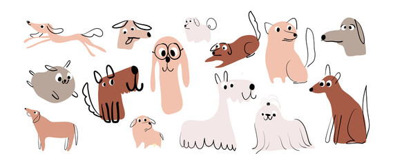 Set of cute dogs vector. Lovely dog and friendly puppy abstract doodle pattern in different poses and breeds with flat color. Adorable funny pet characters hand drawn collection on white background.