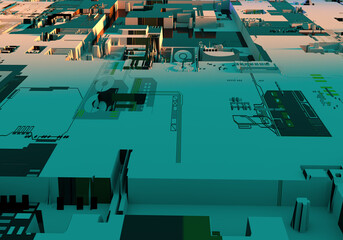Poster - Computer abstract background. Line of electronic boards and processors. Green computer background. Wallpaper on theme of electronics. Pattern of electronic boards. PCB backdrop. 3d rendering.