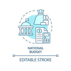 National budget turquoise concept icon. Financial program for country. Budgeting type abstract idea thin line illustration. Isolated outline drawing. Editable stroke. Arial, Myriad Pro-Bold fonts used