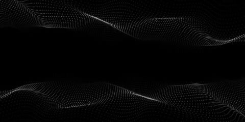 Abstract technology wave of particles. Big data visualization. Vector dark background with motion dots and lines. Artificial intelligence.